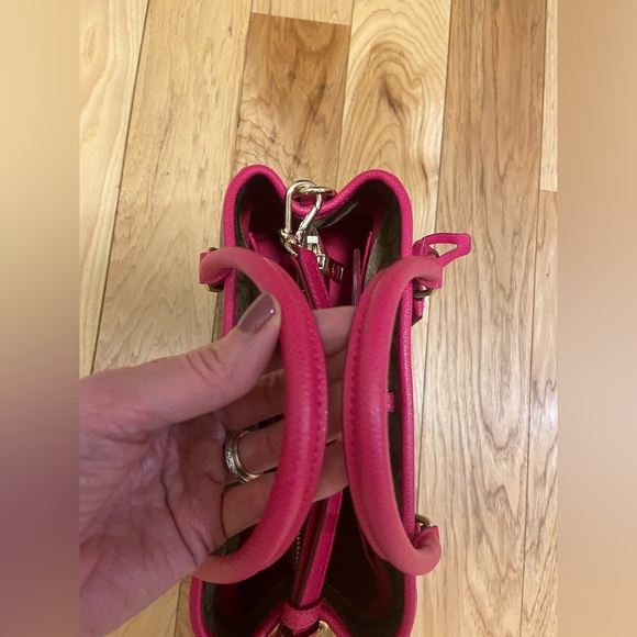 Coach Khaki Brown Hot Pink Signature Tote Bag Satchel Purse with Crossbody Strap - Picture 5 of 8